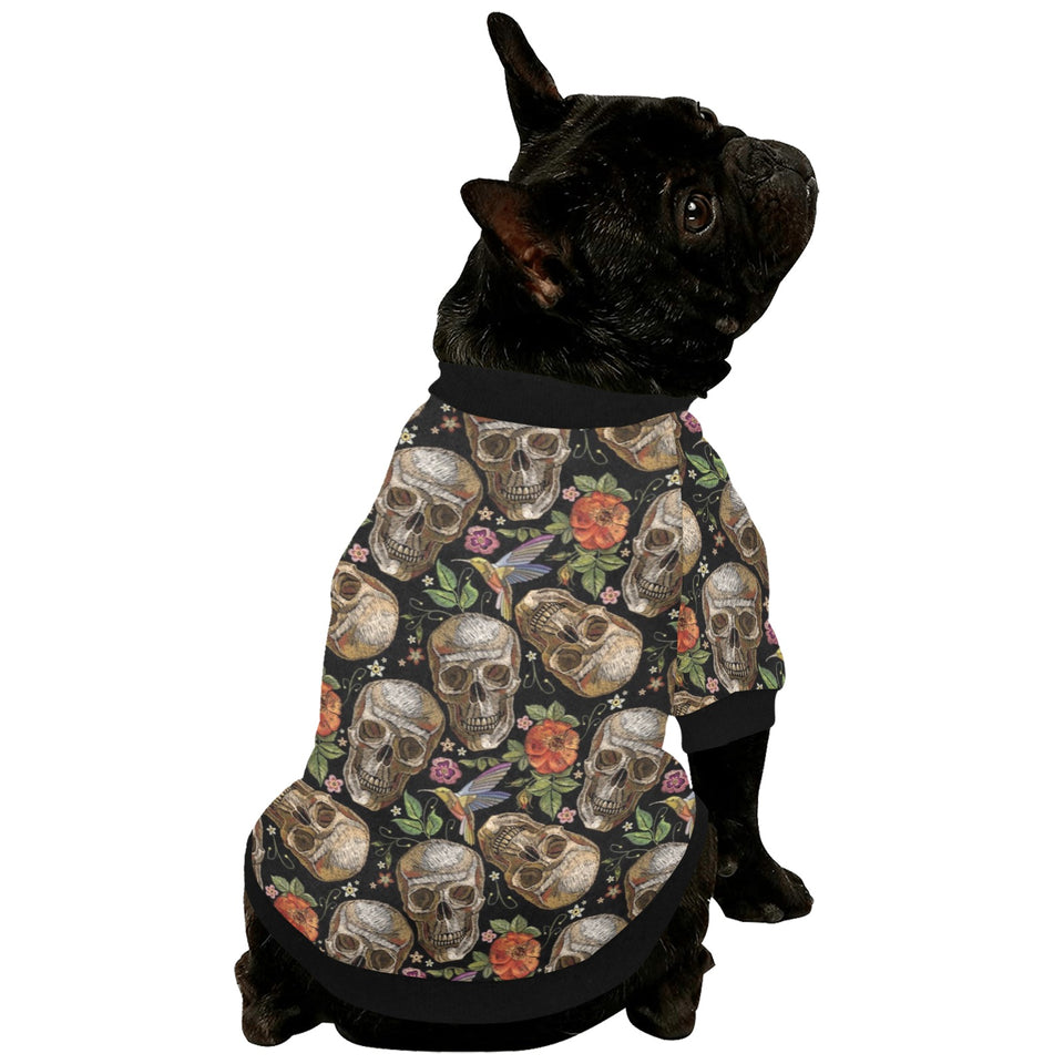 Skull rose humming bird flower pattern All Over Print Pet Dog Round Neck Fuzzy Shirt