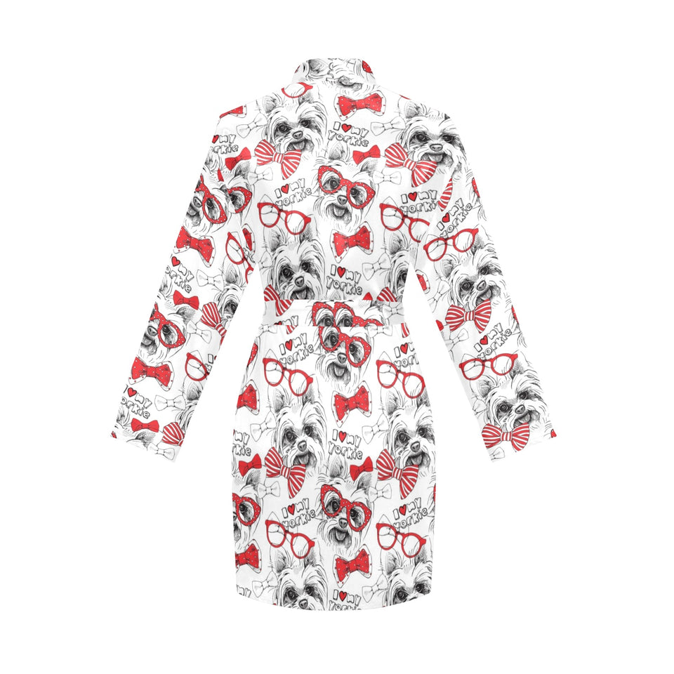 Yorkshire Terrier Pattern Print Design 04 Women's Long Sleeve Belted Night Robe