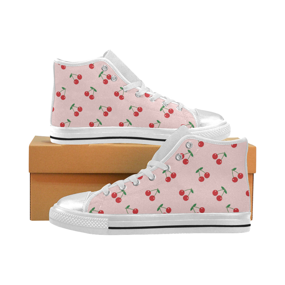 cherry pattern pink background Women's High Top Canvas Shoes White