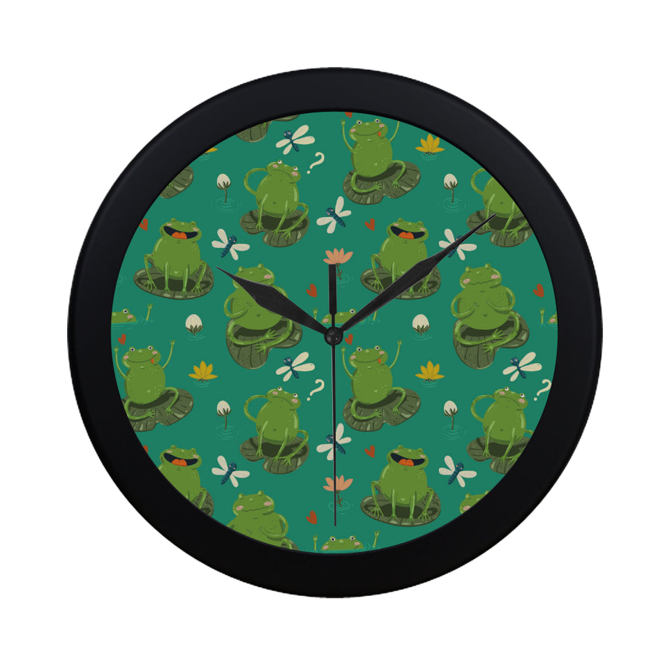 Cute frog dragonfly design pattern Elegant Black Wall Clock