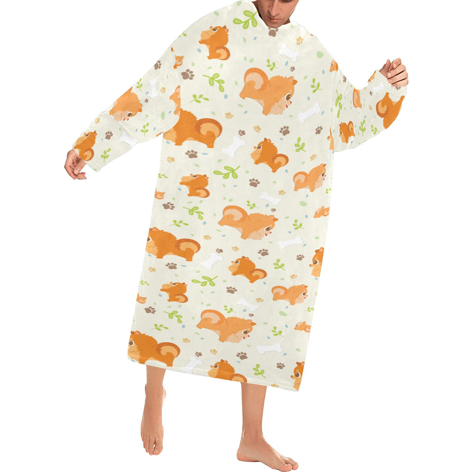 Cute brown pomeranian paw leave bone pattern Blanket Robe with Sleeves