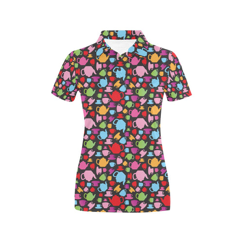 Tea pots Pattern Print Design 01 Women's All Over Print Polo Shirt