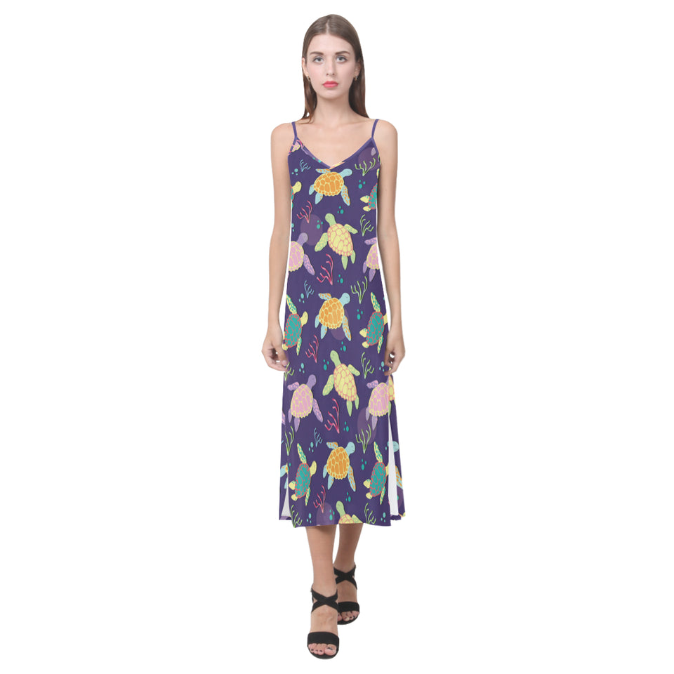 Colorful sea turtle pattern V-Neck Open Fork Long Dress