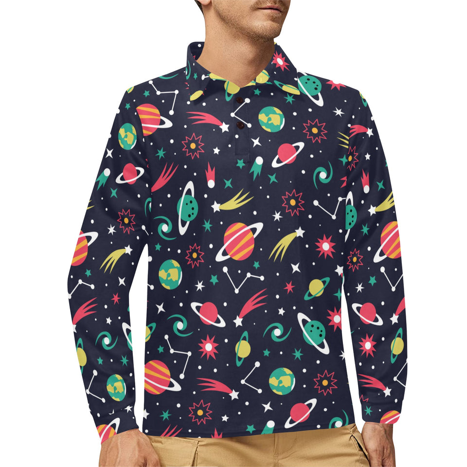 colorful space pattern planet star Men's Long Sleeve Polo Shirt