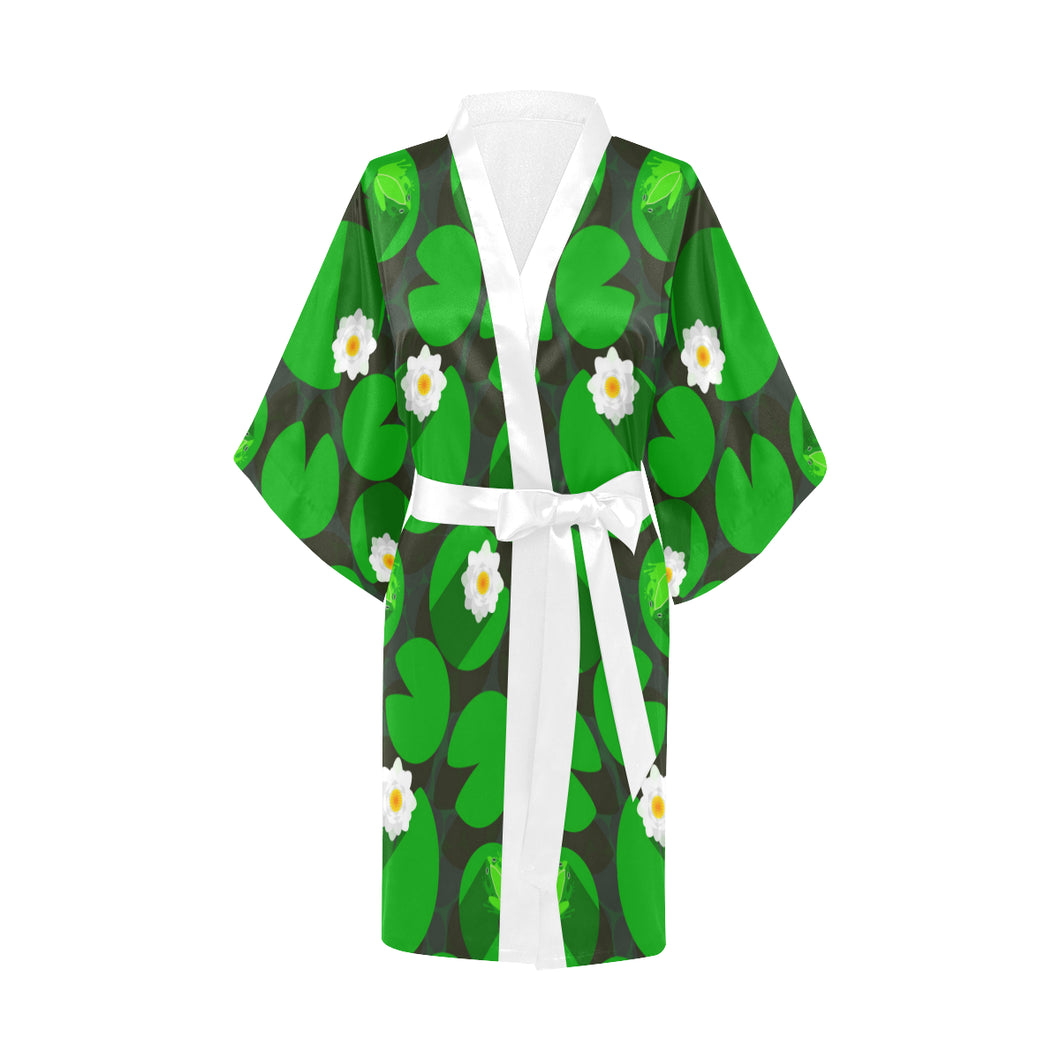 Frog waterlily pattern Women's Short Kimono Robe