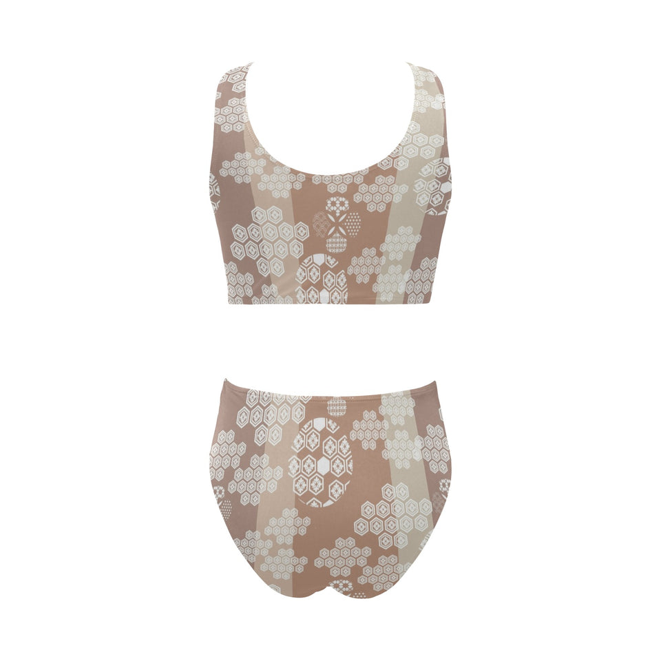 Beautiful hexagon japanese pattern Chest Bowknot High Waisted Bikini Swimsuit