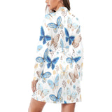 blue butterfly pattern Women's Long Sleeve Belted Night Robe