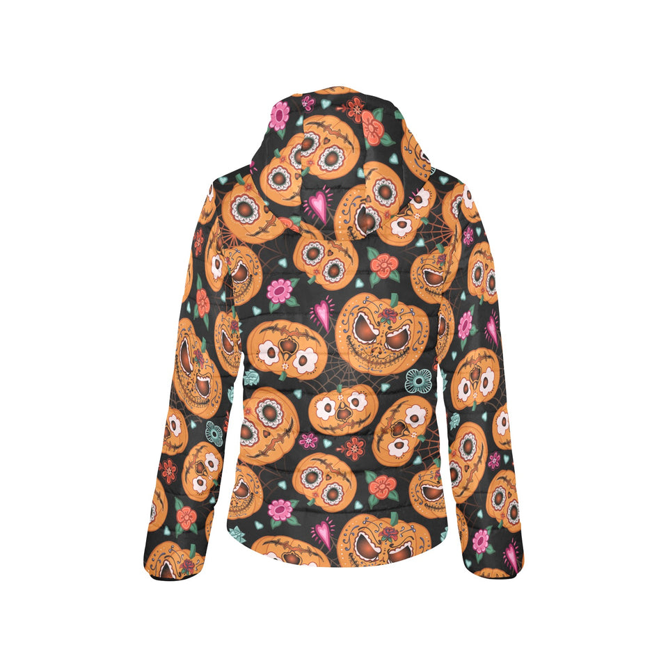 Pumpkin flowers spiderweb Halloween theme Women's Padded Hooded Jacket