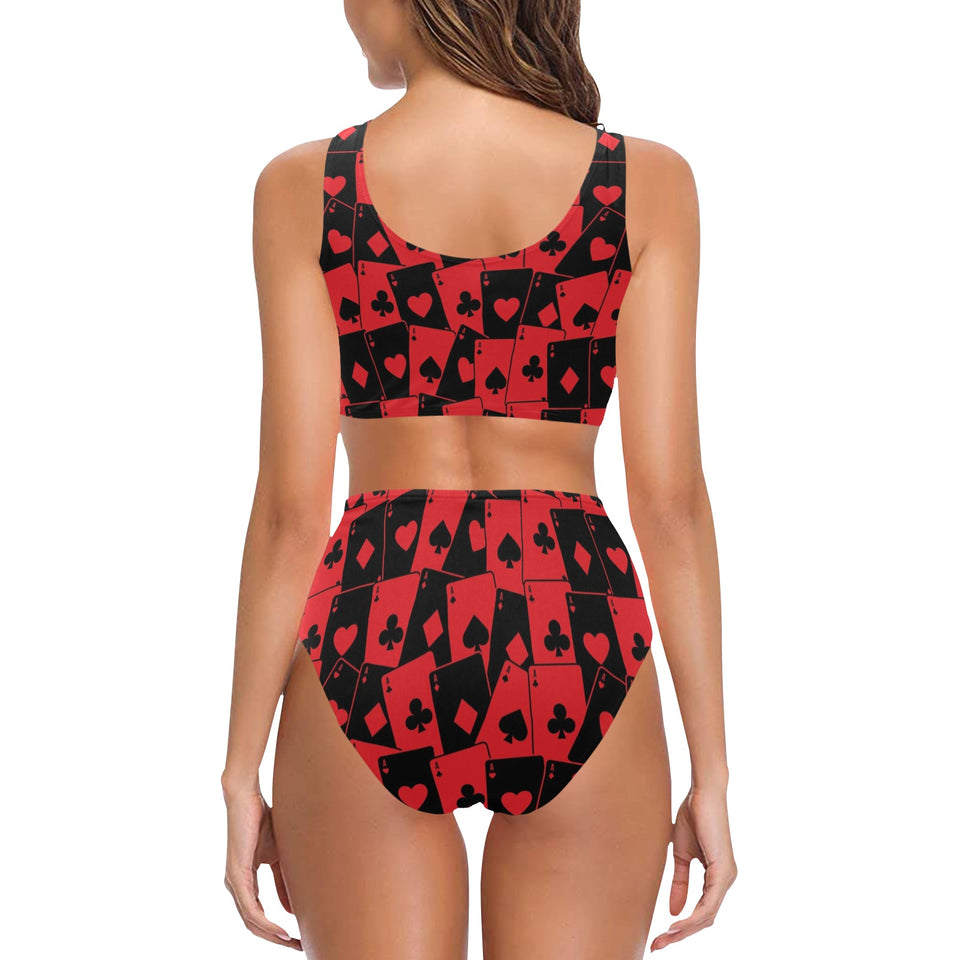 Casino Cards Suits Pattern Print Design 02 Chest Bowknot High Waisted Bikini Swimsuit