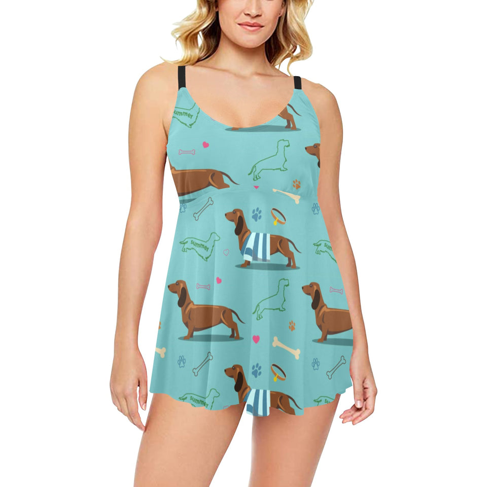 Dachshund decorative background Chest Sexy Pleated Two Piece Swim Dress