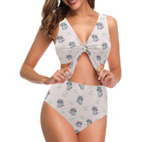 cute raccoons leaves pattern Chest Bowknot High Waisted Bikini Swimsuit