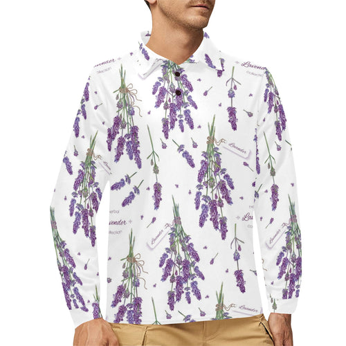 lavender flower design pattern Men's Long Sleeve Polo Shirt