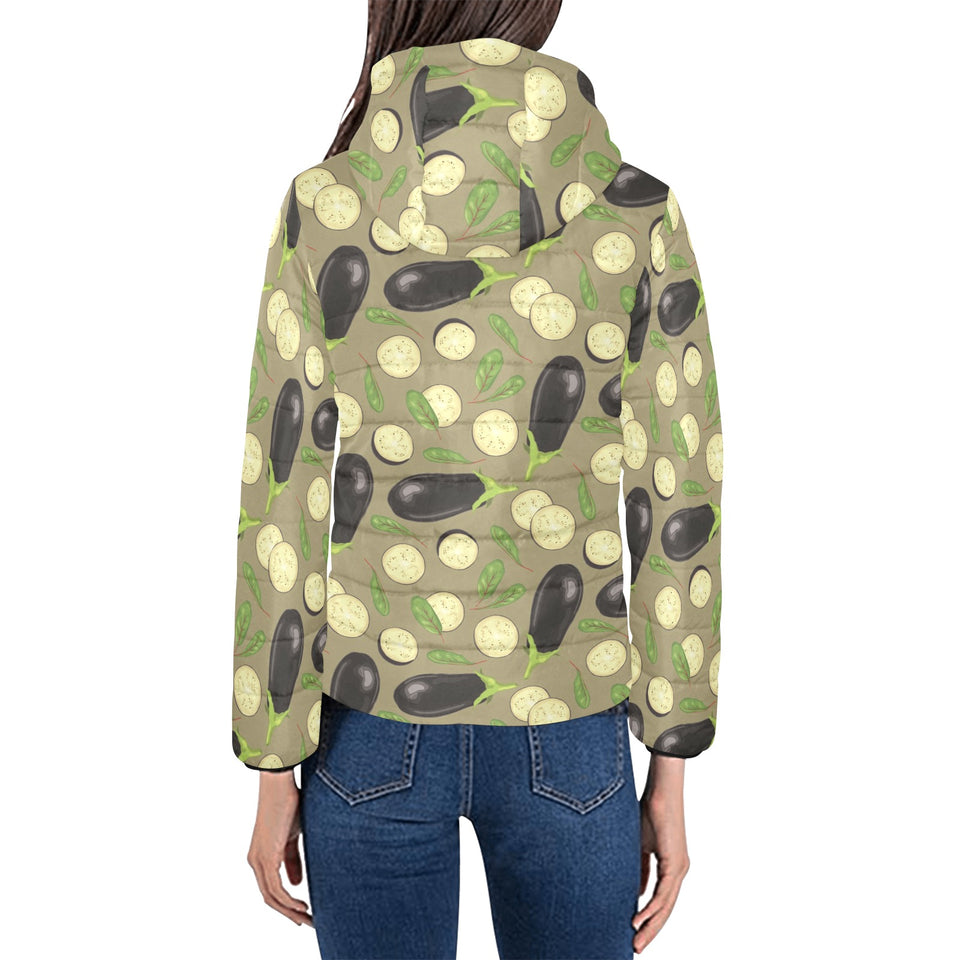 Eggplant Pattern Print Design 02 Women's Padded Hooded Jacket