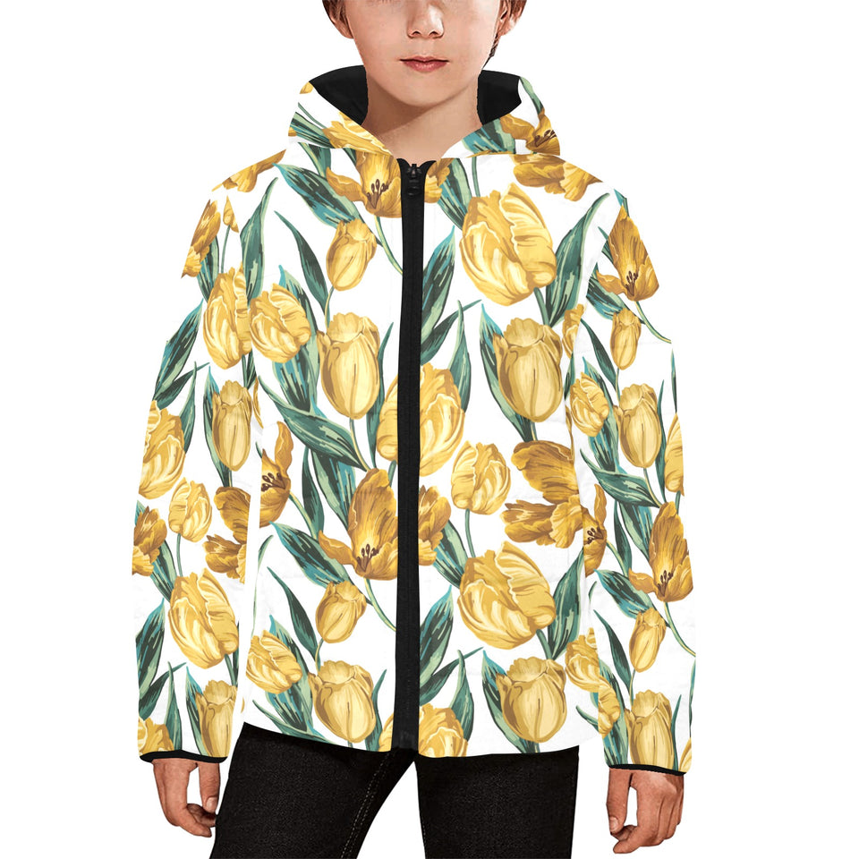 yellow tulips pattern Kids' Boys' Girls' Padded Hooded Jacket