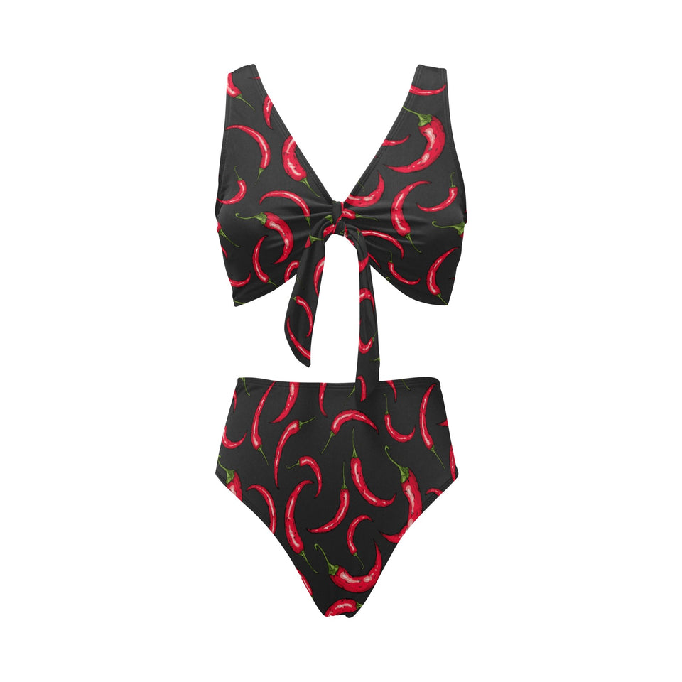 Chili peppers pattern black background Chest Bowknot High Waisted Bikini Swimsuit