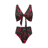 Chili peppers pattern black background Chest Bowknot High Waisted Bikini Swimsuit