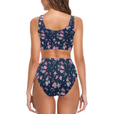 Pink sakura cherry blossom blue background Chest Bowknot High Waisted Bikini Swimsuit