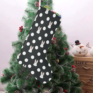 Cute white rabbit polka dots black background Christmas Stocking