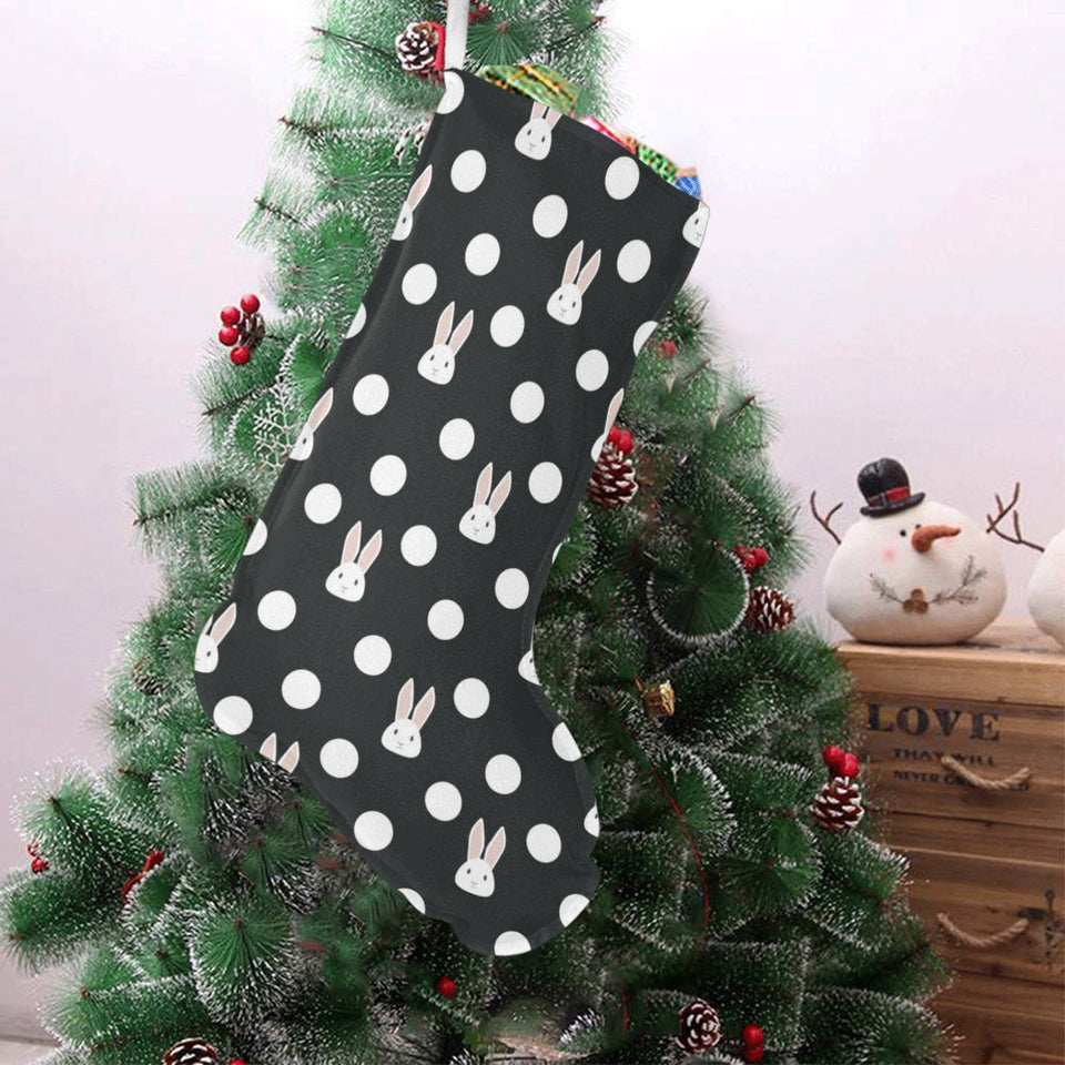 Cute white rabbit polka dots black background Christmas Stocking