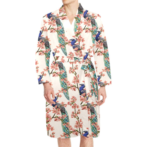 Peacock tropical flower pattern Men's Long Sleeve Belted Night Robe