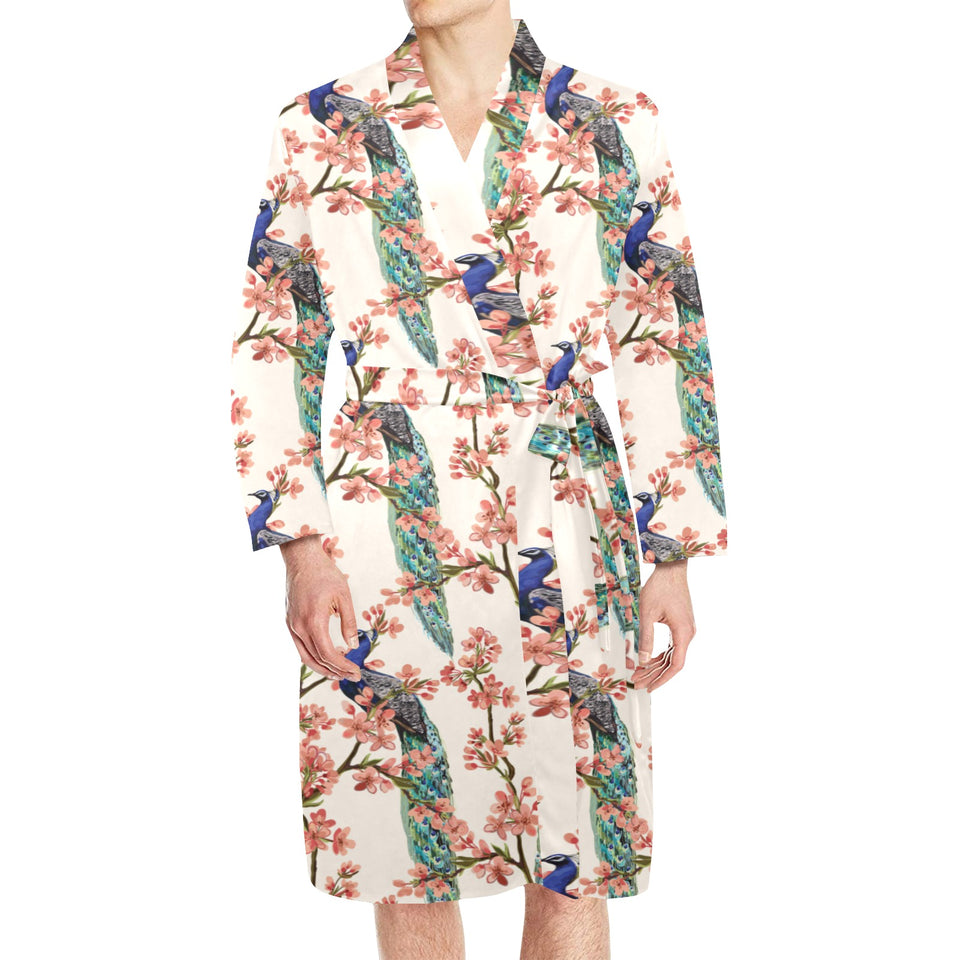 Peacock tropical flower pattern Men's Long Sleeve Belted Night Robe