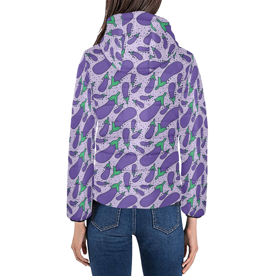 Eggplant Pattern Print Design 03 Women's Padded Hooded Jacket