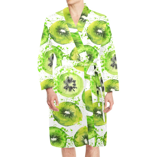 Watercolor kiwi pattern Men's Long Sleeve Belted Night Robe