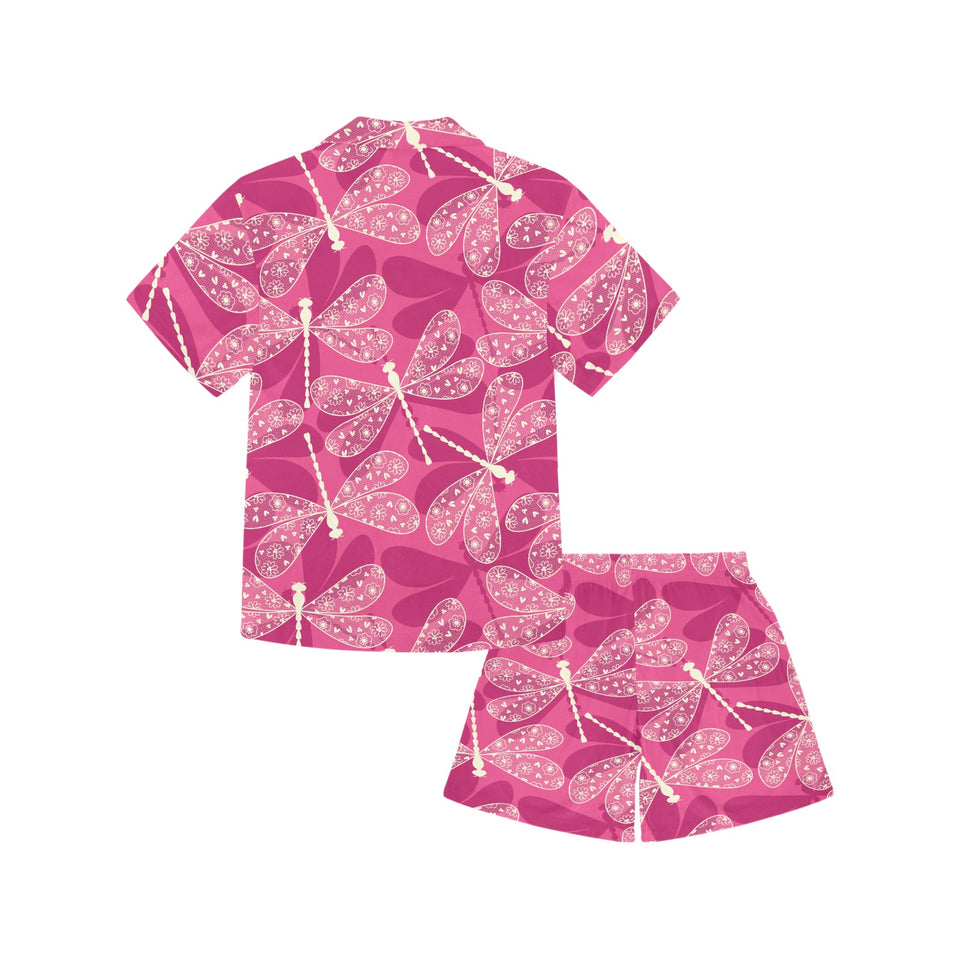 Beautiful dragonfly pink background Kids' Boys' Girls' V-Neck Short Pajama Set