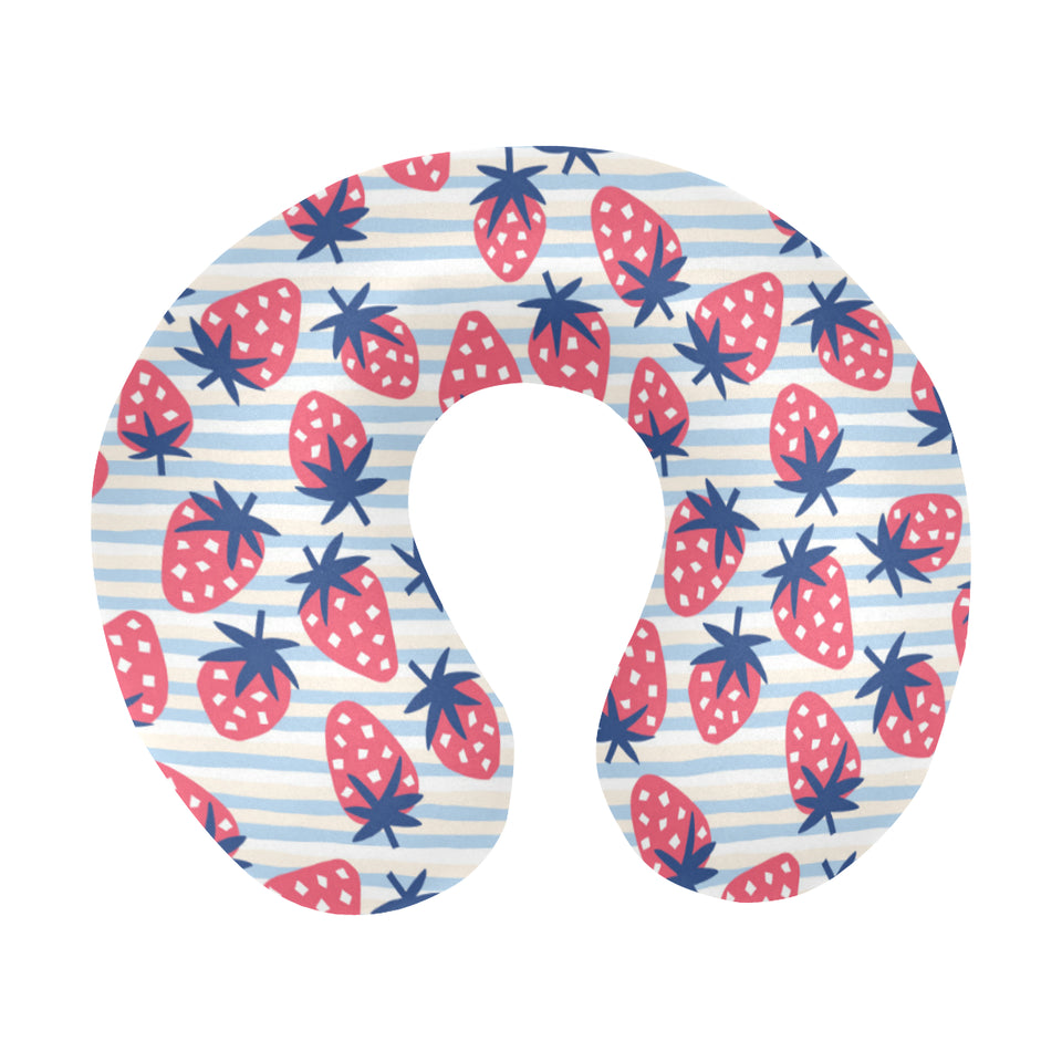 Strawberry pattern blue lines background U-Shaped Travel Neck Pillow