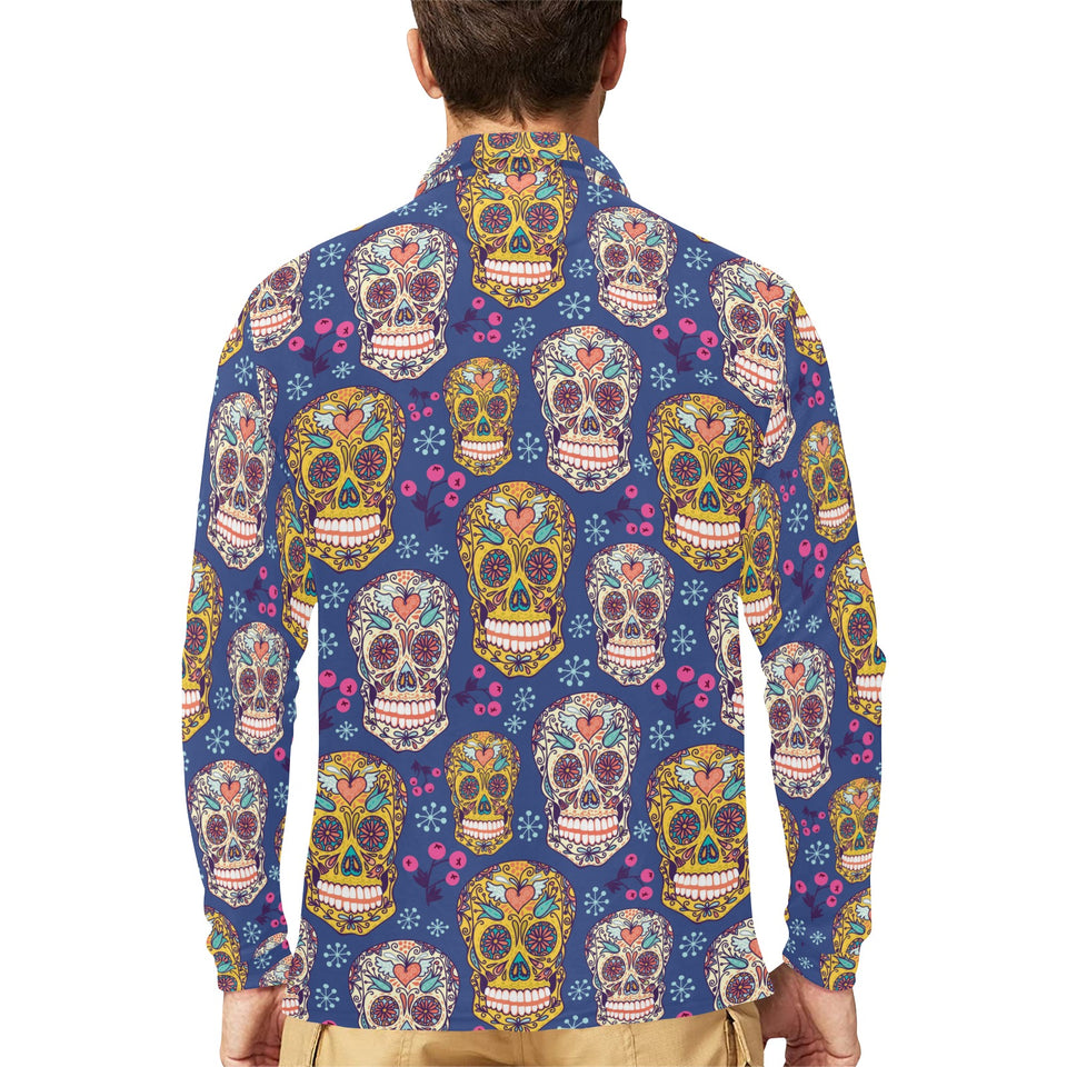 Sugar skull flower pattern Men's Long Sleeve Polo Shirt