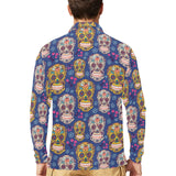 Sugar skull flower pattern Men's Long Sleeve Polo Shirt