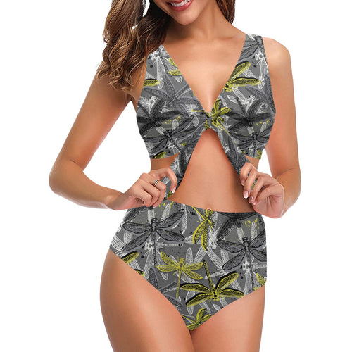 Hand drawn dragonfly pattern Chest Bowknot High Waisted Bikini Swimsuit