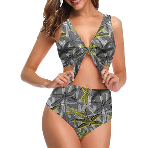 Hand drawn dragonfly pattern Chest Bowknot High Waisted Bikini Swimsuit