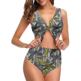Hand drawn dragonfly pattern Chest Bowknot High Waisted Bikini Swimsuit