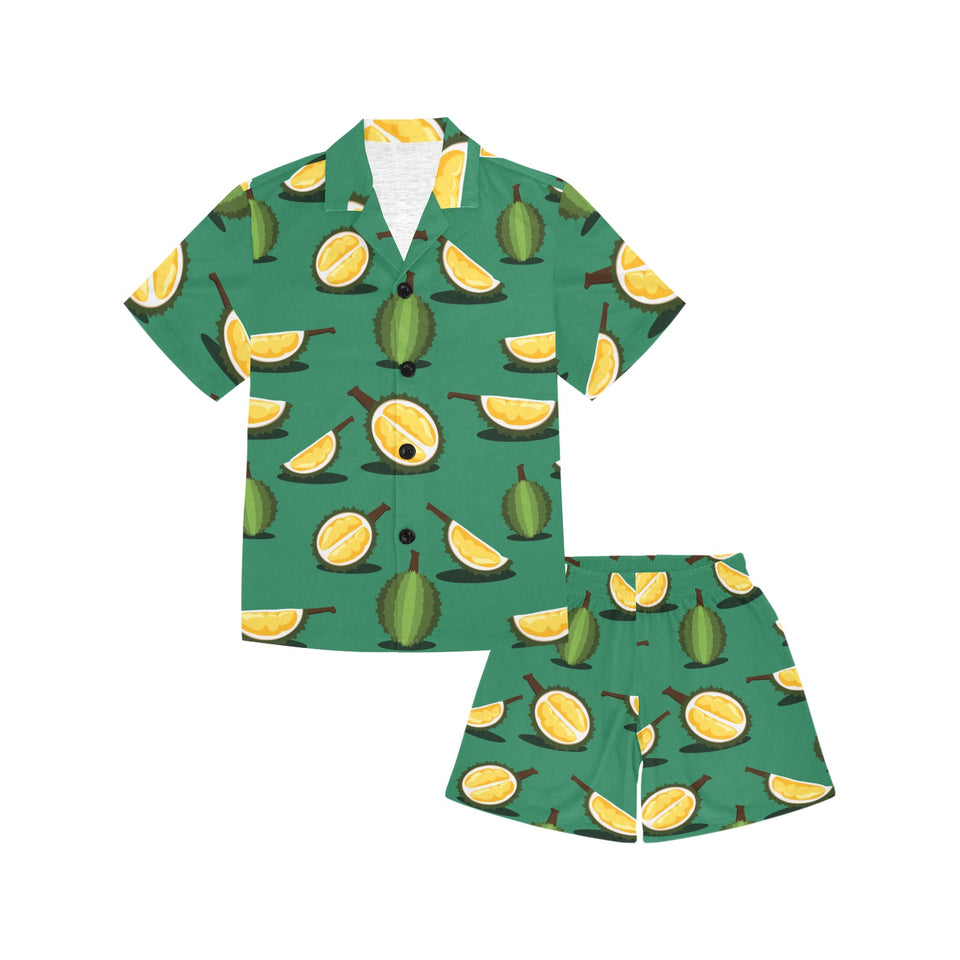 Durian pattern green background Kids' Boys' Girls' V-Neck Short Pajama Set