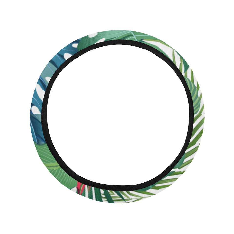 heliconia palm and monstera  leaves pattern Car Steering Wheel Cover