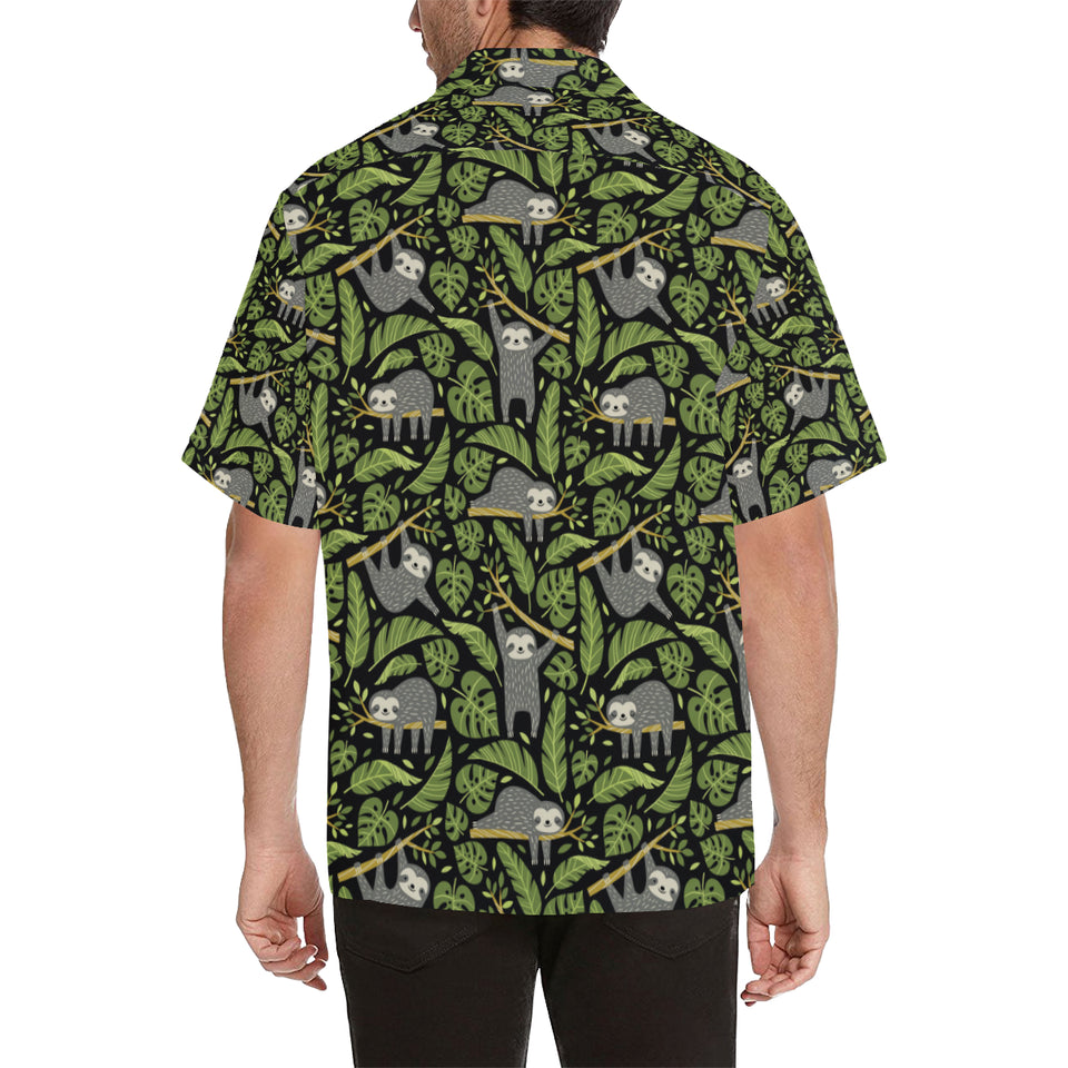 Cute sloths tropical palm leaves black background Men's All Over Print Hawaiian Shirt