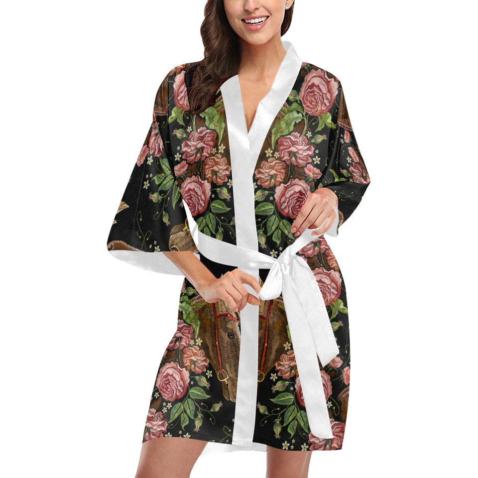 Horse head wild roses pattern Women's Short Kimono Robe