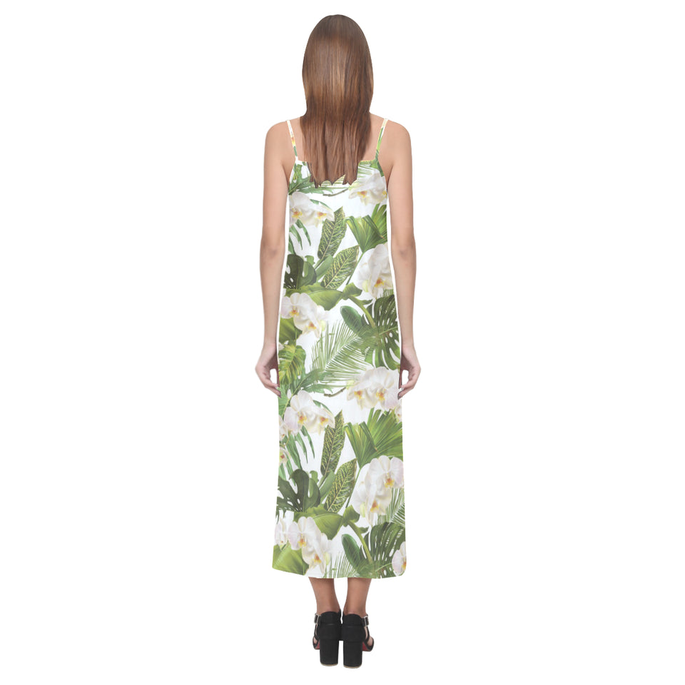 White orchid flower tropical leaves pattern V-Neck Open Fork Long Dress