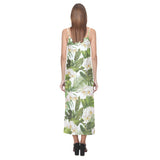 White orchid flower tropical leaves pattern V-Neck Open Fork Long Dress