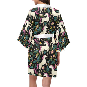 Unicorns forest background Women's Short Kimono Robe