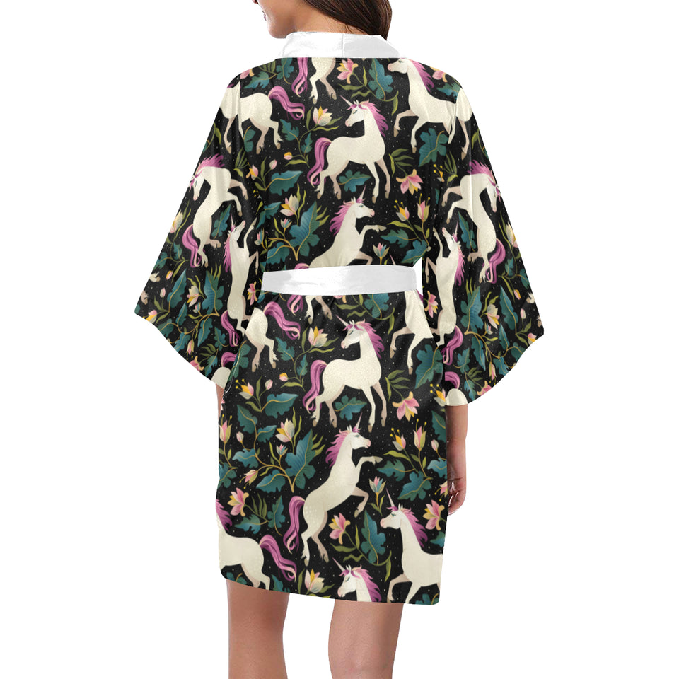Unicorns forest background Women's Short Kimono Robe