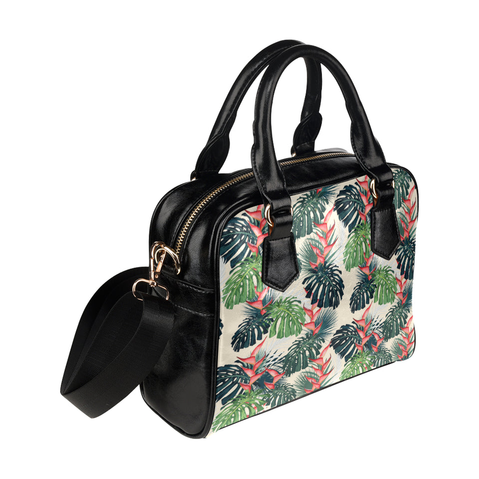 heliconia flowers, palm and monstera leaves Shoulder Handbag