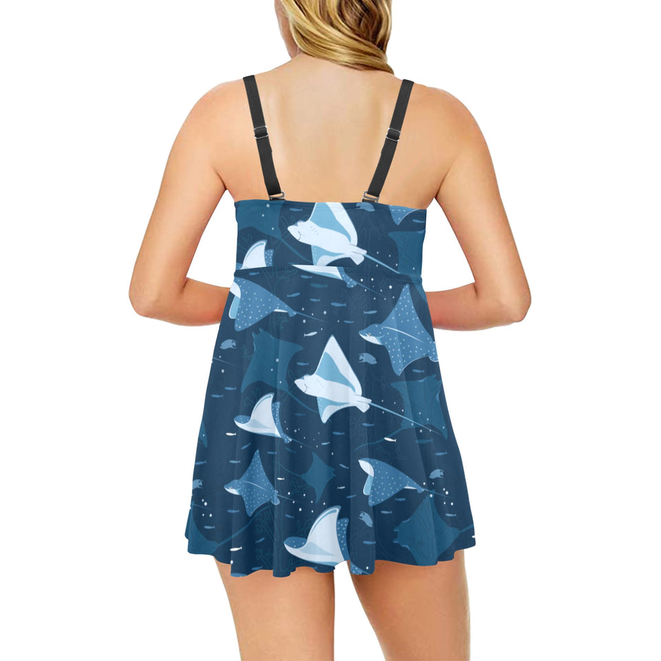 Stingray Pattern Print Design 04 Chest Sexy Pleated Two Piece Swim Dress