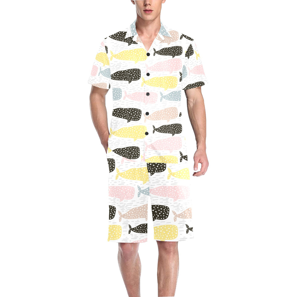 Whale dot pattern Men's V-Neck Short Pajama Set