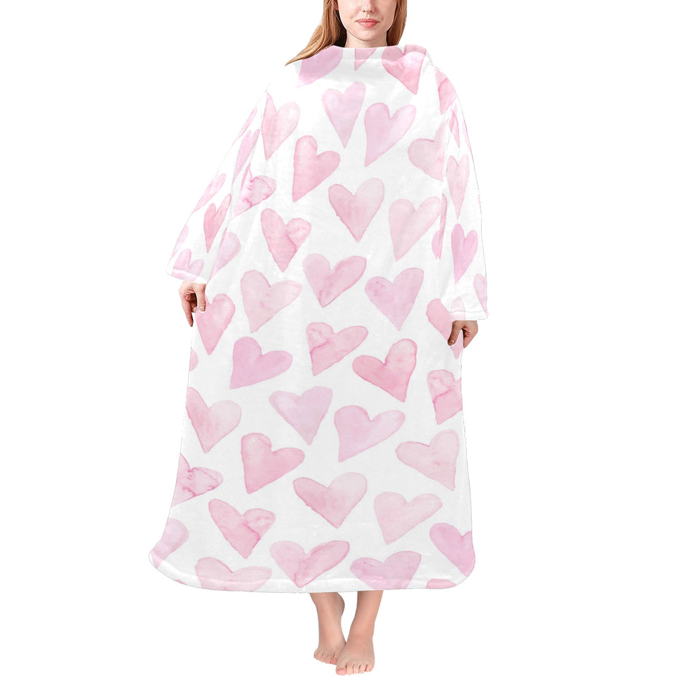 Watercolor pink heart pattern Blanket Robe with Sleeves