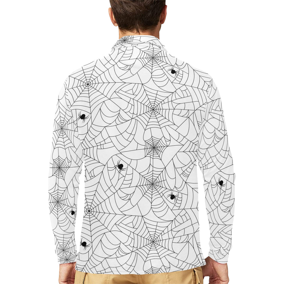 Spider web cobweb pattern white background Men's Long Sleeve Polo Shirt