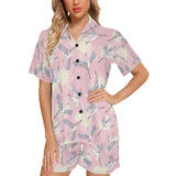 Japanese crane rose pattern Women's V-Neck Short Pajama Set