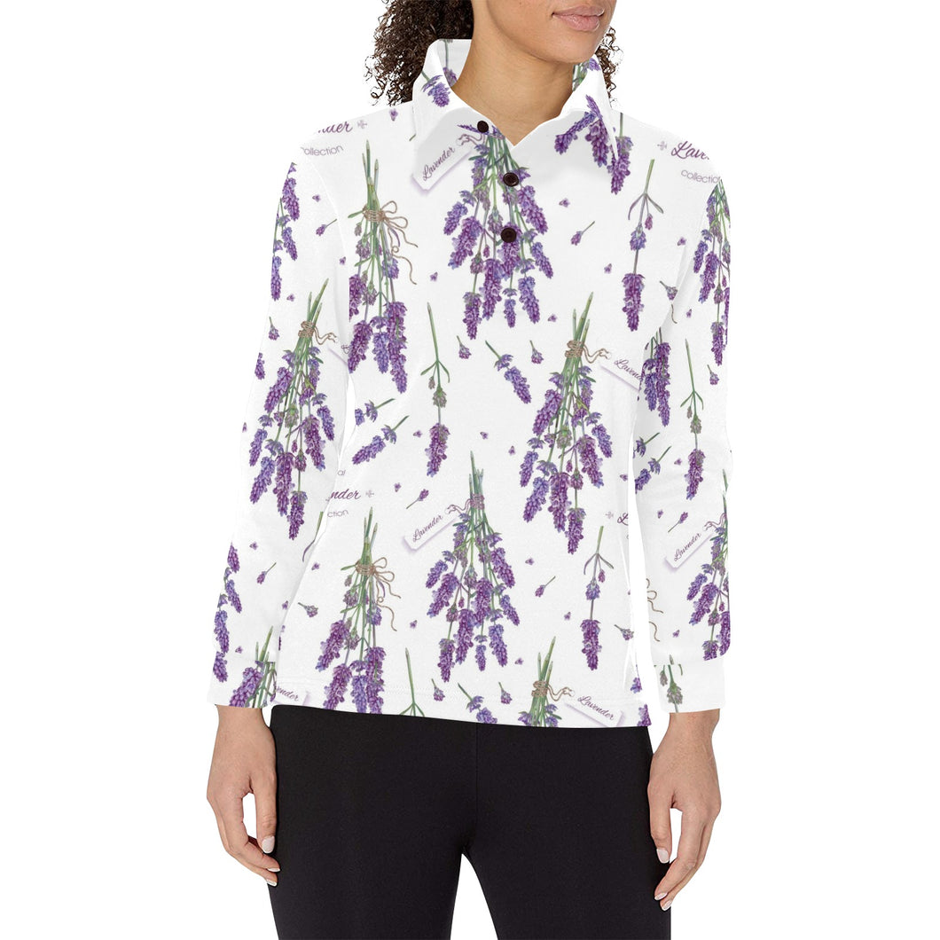 lavender flower design pattern Women's Long Sleeve Polo Shirt