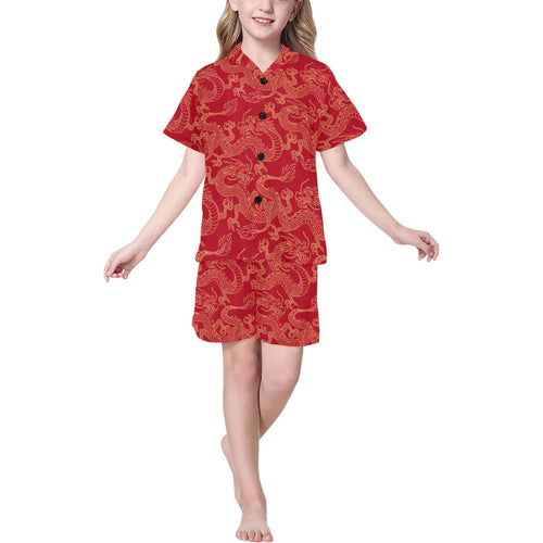 Gold dragons red background Kids' Boys' Girls' V-Neck Short Pajama Set